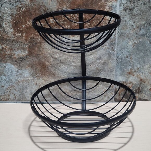 Black Metal 2 Tier Fruit Vegetable Basket Bowl Display Stand - Picture 9 of 11